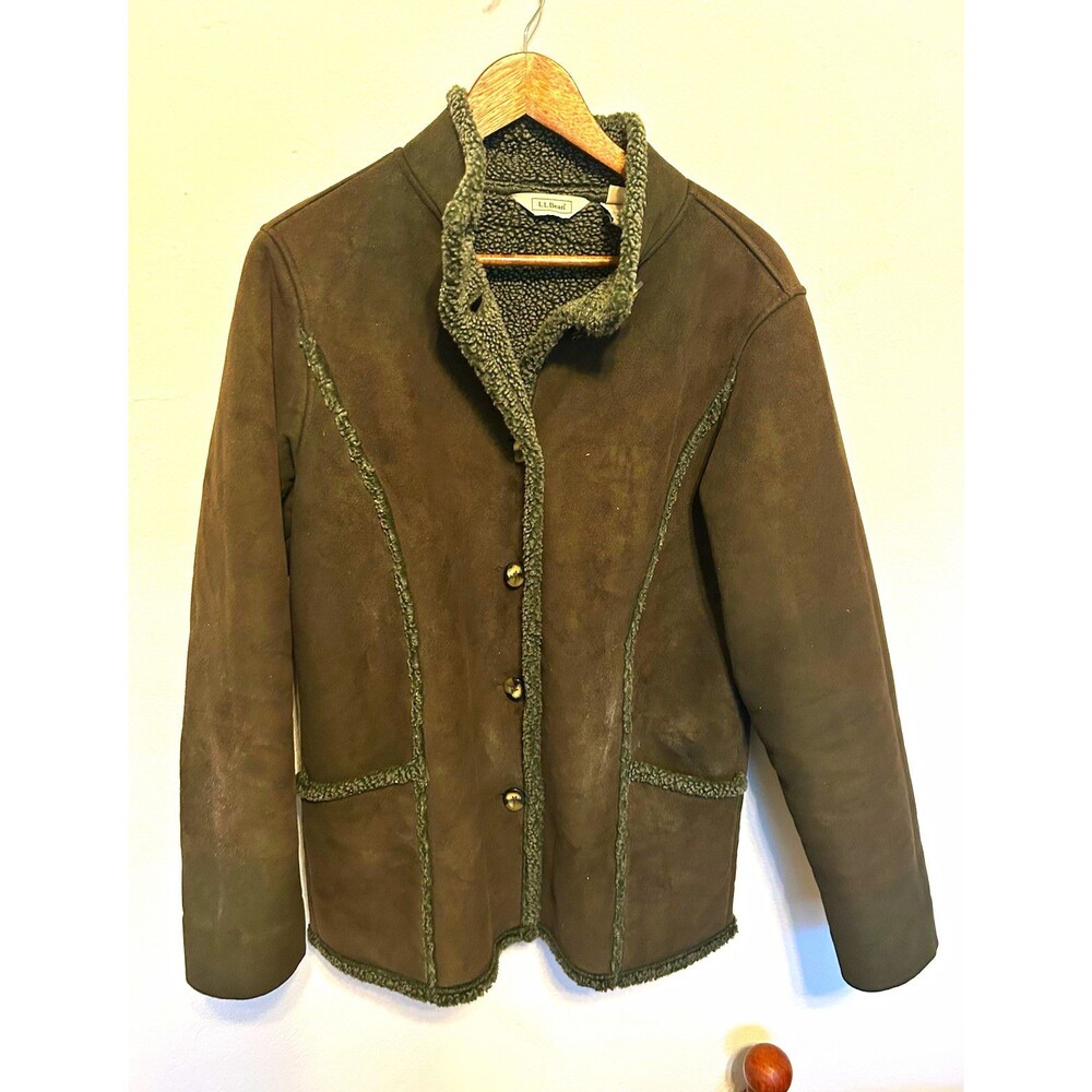 L.L.Bean Vintage Green Leather Faux Suede Shearling Lined Button Jacket Medium